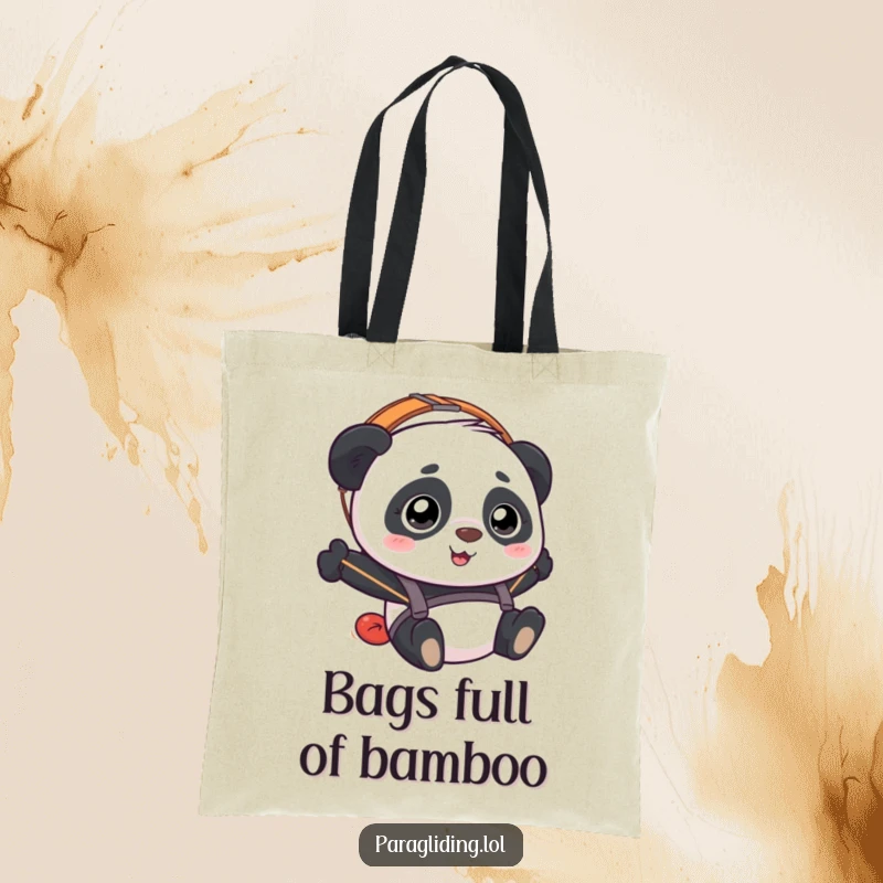Funny Panda Paraglider Tote Bag featuring a happy, bewildered panda enjoying a paragliding ride, practical for everyday use.