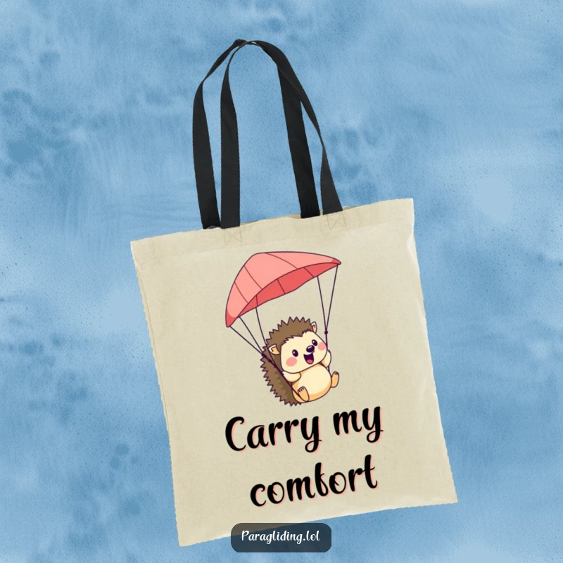 Funny Hedgehog Tote Bag: A charming tote bag with a funny illustration of a cheerful hedgehog enjoying the breeze while paragliding.