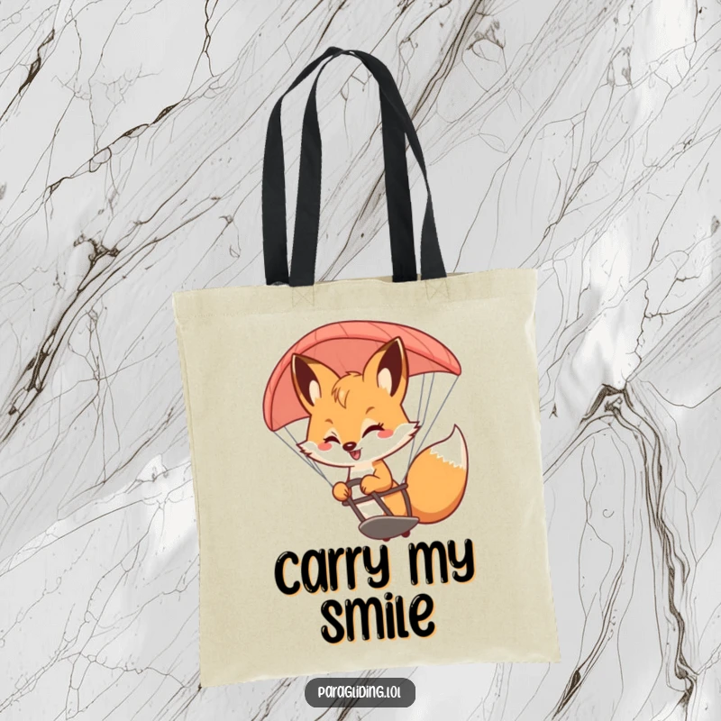 Funny Fox Tote Bag: A stylish tote bag with a funny illustration of a bouncy fox smiling while steering a paraglider.