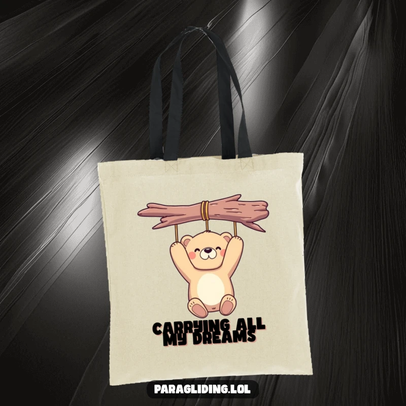 Funny bear tote bag showcasing a proud bear hanging peacefully in the air, a hilarious and practical accessory.