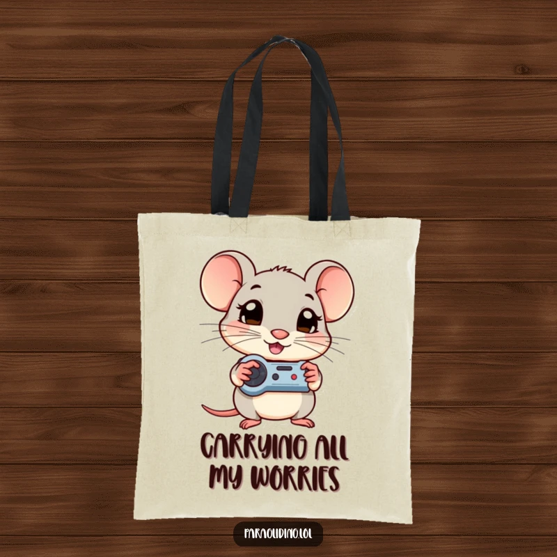 Funny tote bag depicting a shy mouse with big eyes, clutching game controls, ready to conquer any task.