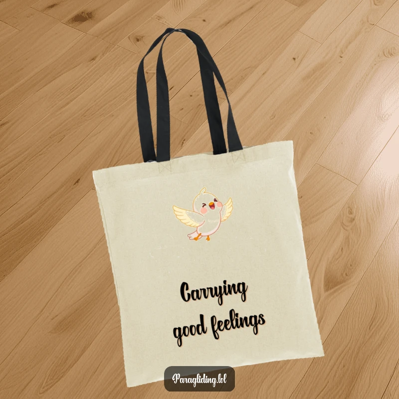 Funny tote bag: A happy bird joyfully soaring amidst fluffy white clouds. A charming and humorous accessory for everyday use.