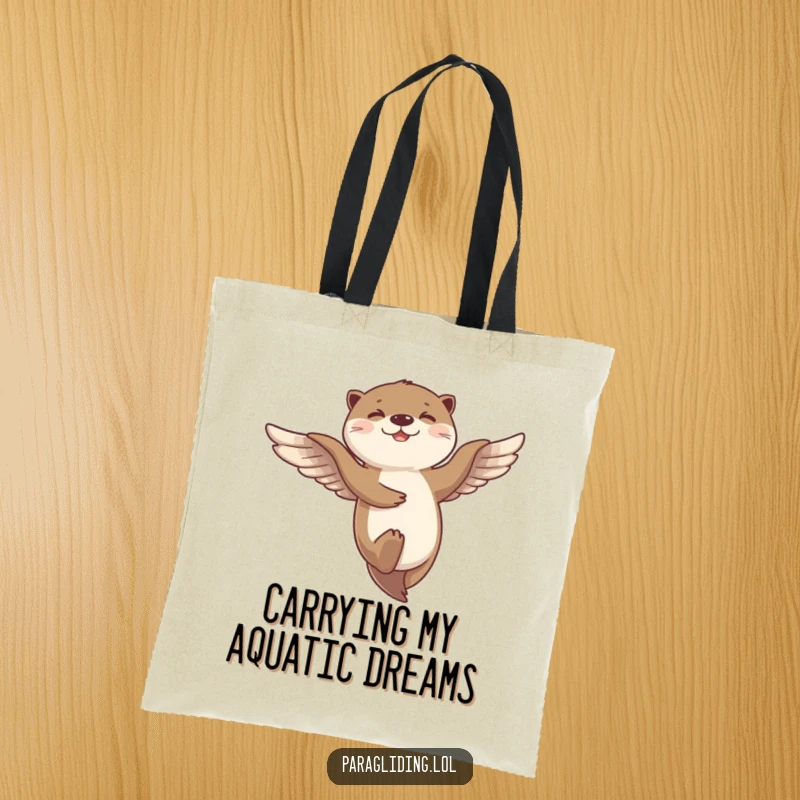 Funny tote bag showing a giggling otter dancing through the wind during flight, a perfect accessory for happy outings.