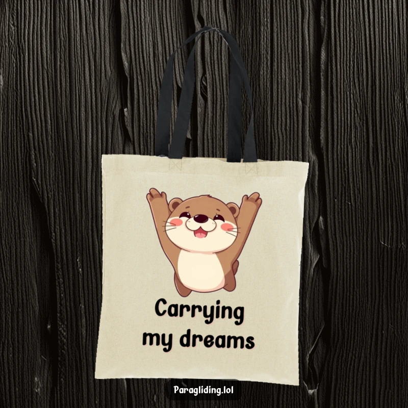 Funny tote bag featuring a joyful otter with a wide, happy grin, soaring effortlessly through a blue sky, radiating pure delight.