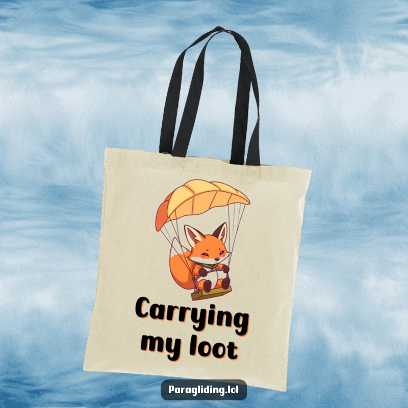 Funny determined fox tote bag, showing a fox concentrating and steering a paraglider, ready for focused tasks.