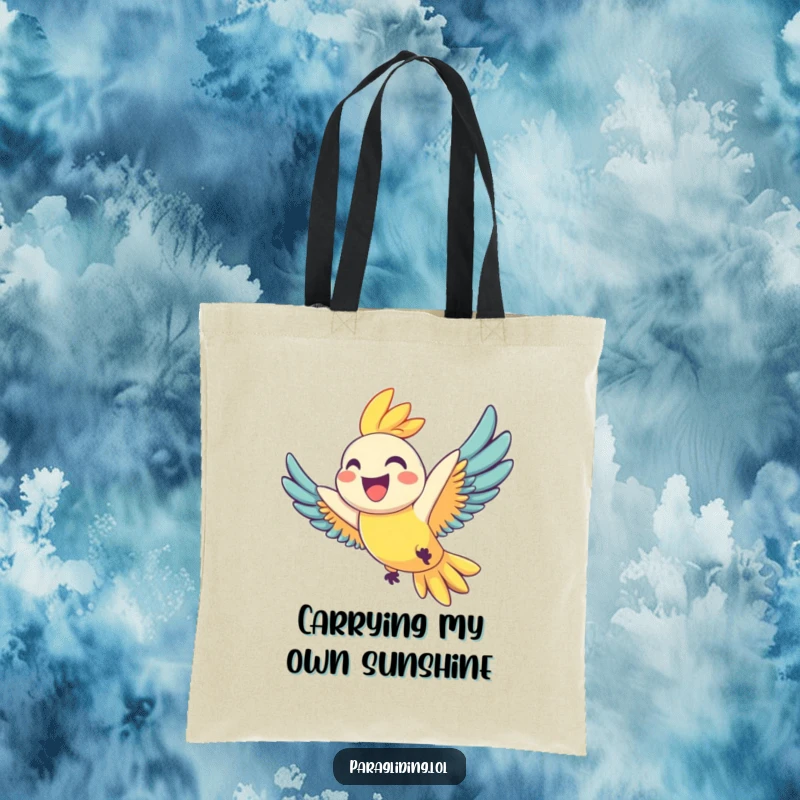 Funny tote bag featuring a joyful parrot with a wide grin soaring joyfully, perfect for carrying daily items with a splash of happiness, great funny gift.