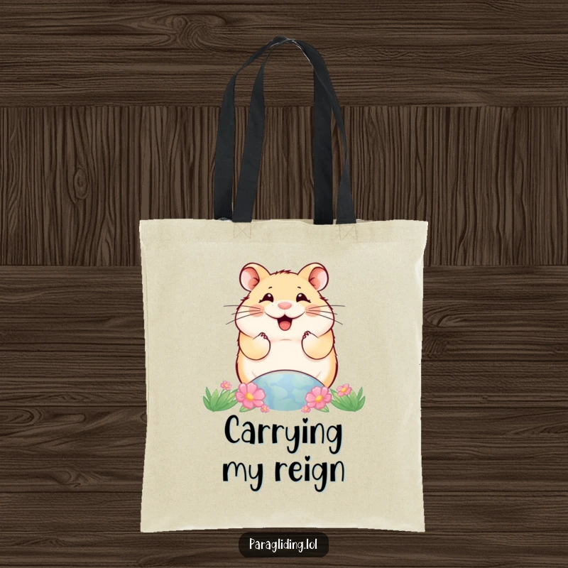 Funny tote bag featuring a smiling hamster surveying the world from above, symbolizing a humorous and grand perspective.