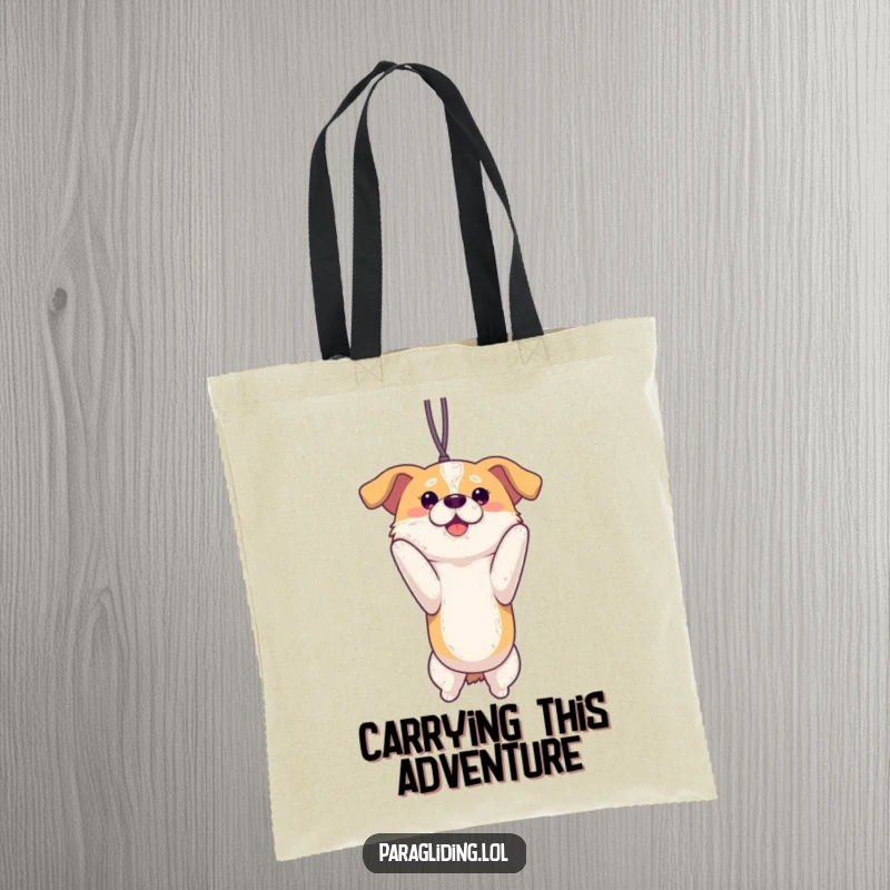 Funny proud dog suspended and enjoying a view on a durable tote bag. A cheerful and practical funny gift for dog enthusiasts.