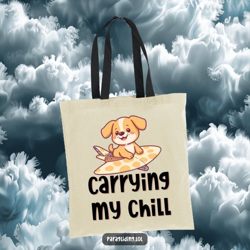 Funny tote bag showing a content dog gently floating on a patterned glider, perfect for carrying essentials with a dose of whimsical charm.