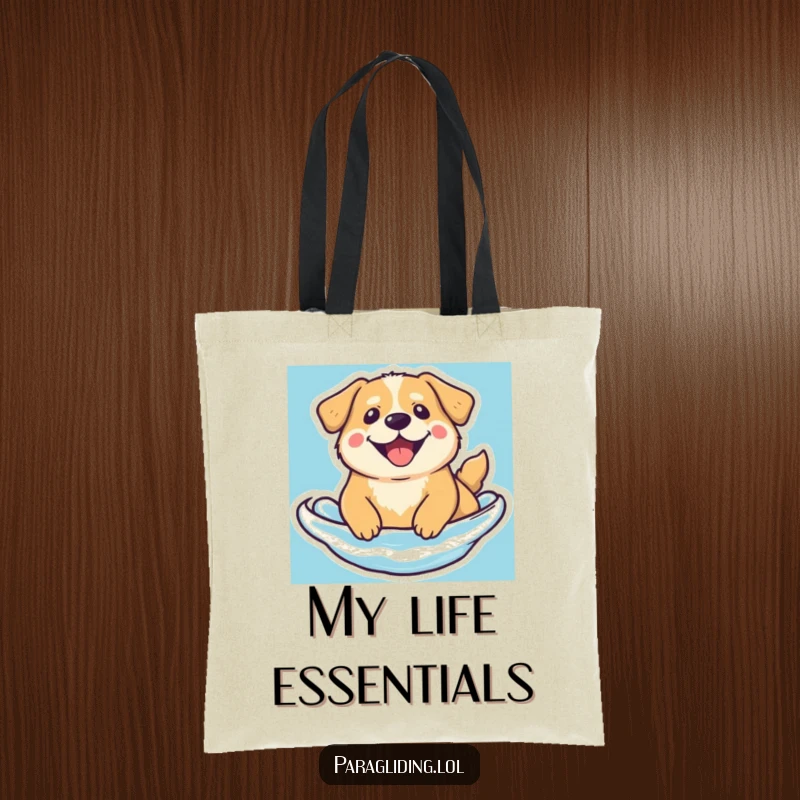 Funny floating dog tote bag, showing a happy, beaming dog floating serenely, perfect for everyday use.