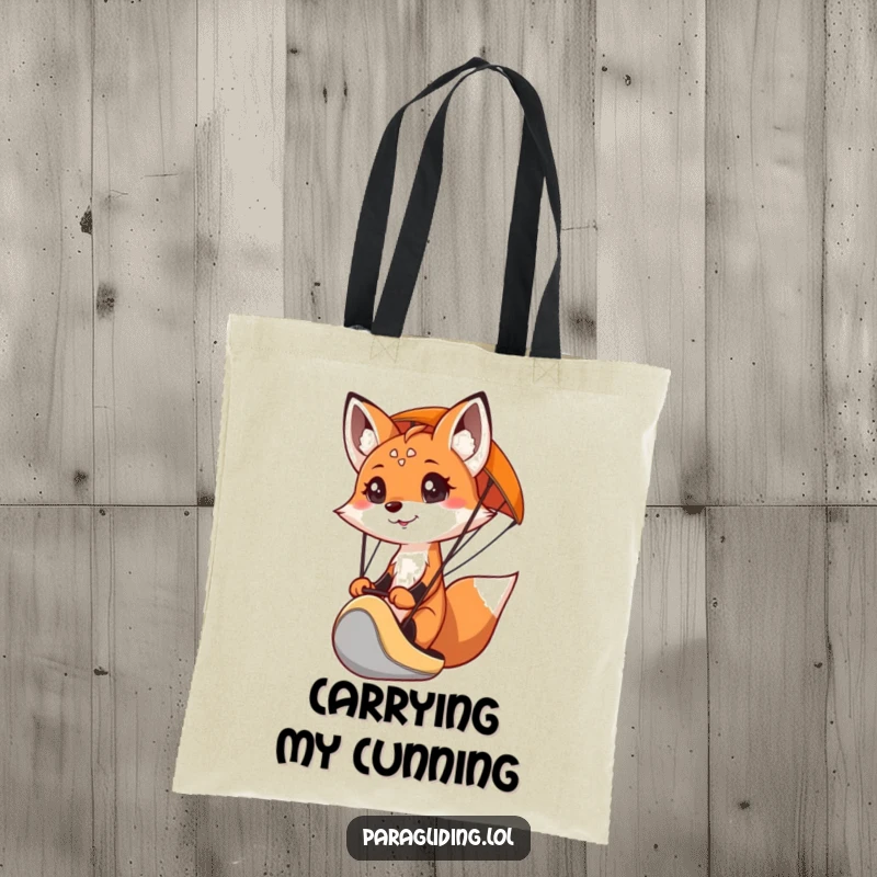 Funny tote bag with a determined fox piloting a paraglider, perfect for carrying essentials on adventures.