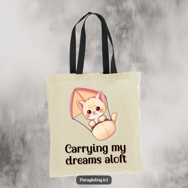 Funny Kitten Paraglider Tote Bag showcasing a curious kitten paragliding, ready for any adventure, with ample space for essentials.