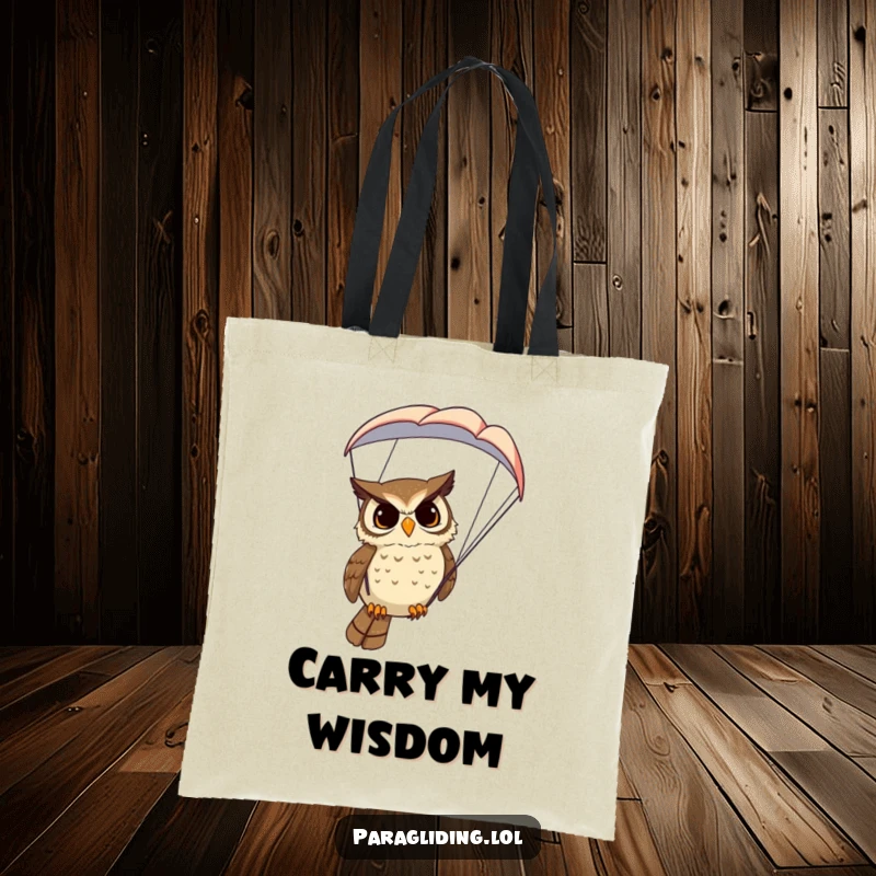 Funny Owl Tote Bag: A practical tote bag with a funny image of a determined owl paragliding, looking down with curiosity.
