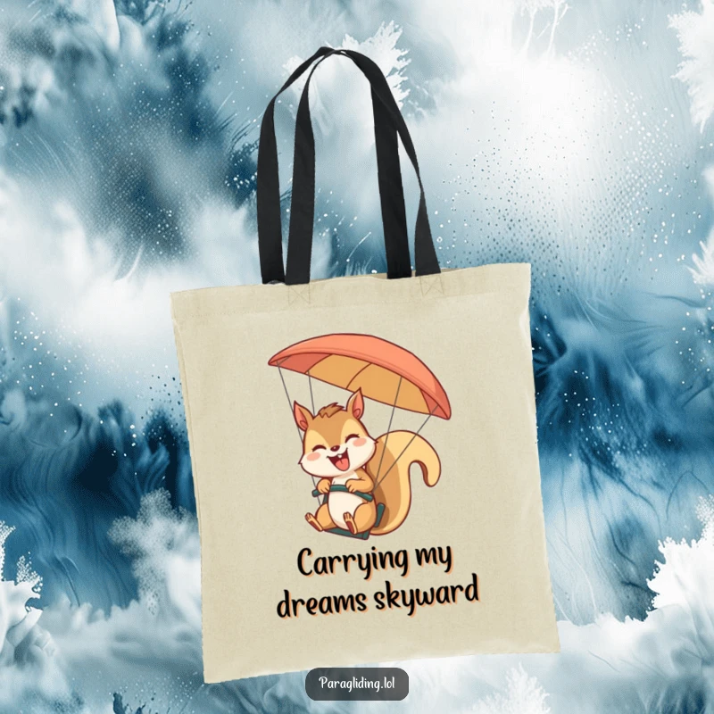 Funny giggling squirrel paragliding and waving happily on a reusable tote bag. A cheerful and practical funny gift.