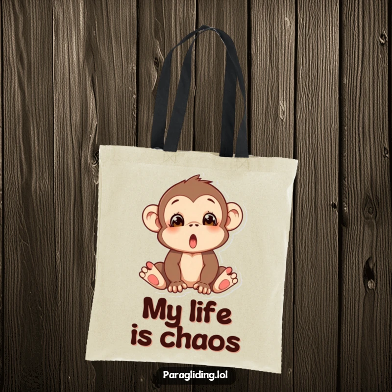 Funny tote bag depicting a silly monkey with a shocked expression, looking like it’s about to fall, full of humor.