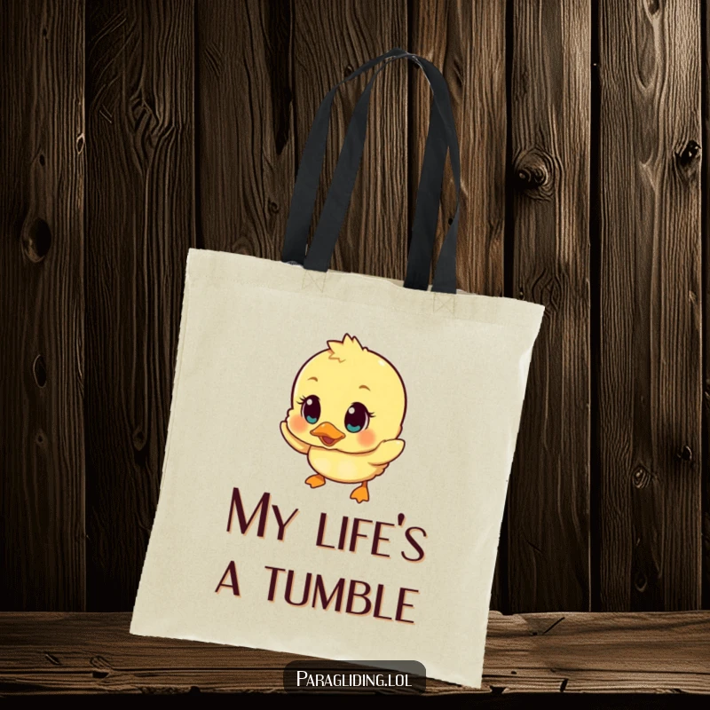 Funny tote bag featuring a duckling with wide, surprised eyes in mid-descent, capturing a moment of comical shock and adorable clumsiness.