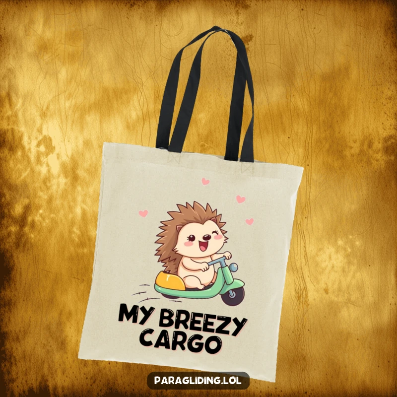 Funny tote bag featuring a happily riding hedgehog enjoying the wind, symbolizing cheerful journeys and portable happiness.