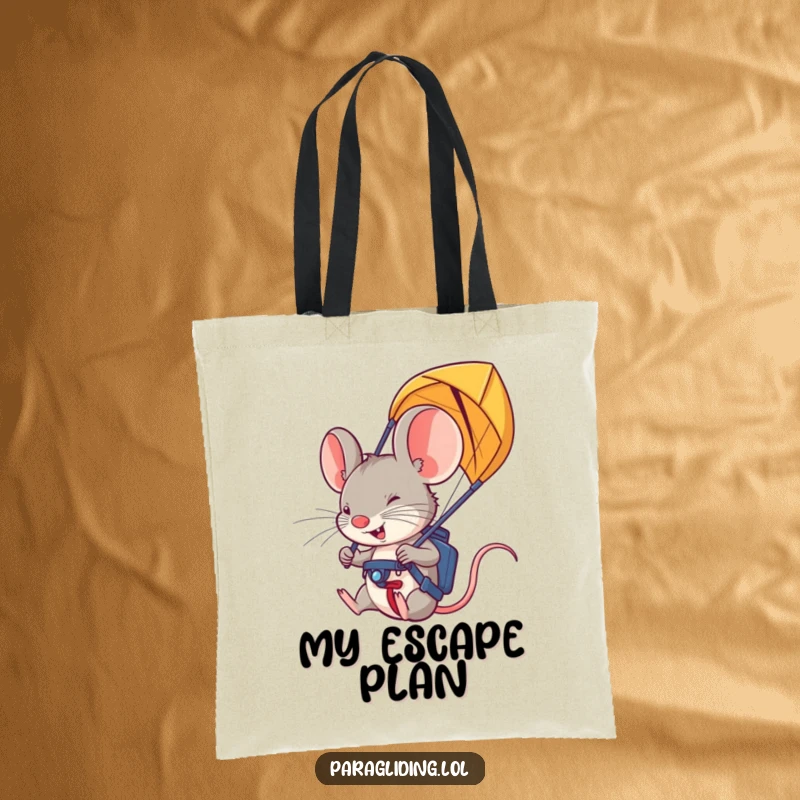 Funny paraglider mouse tote bag: a durable bag featuring a focused mouse ready for paragliding, ideal for adventurers.